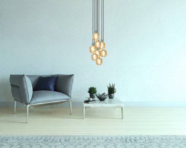 Boş oda ve iç tasarım, asılı lamba. 3B illüstrasyon