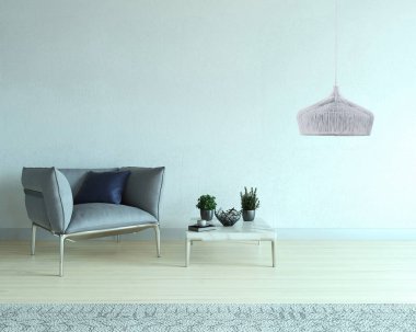 Boş oturma odası dekorasyonu modern lamba ve ahşap zemin, taş duvar konsepti. Ev, ofis, otel için dekoratif arka plan. 3B illüstrasyon