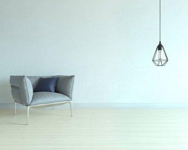 Boş oturma odası dekorasyonu modern lamba ve ahşap zemin, taş duvar konsepti. Ev, ofis, otel için dekoratif arka plan. 3B illüstrasyon
