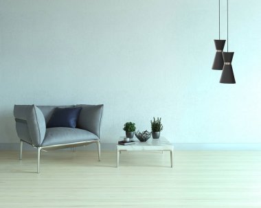 Boş oturma odası dekorasyonu modern lamba ve ahşap zemin, taş duvar konsepti. Ev, ofis, otel için dekoratif arka plan. 3B illüstrasyon