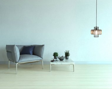 Boş oturma odası dekorasyonu modern lamba ve ahşap zemin, taş duvar konsepti. Ev, ofis, otel için dekoratif arka plan. 3B illüstrasyon