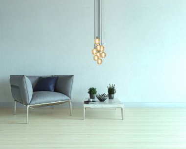 Boş oturma odası dekorasyonu modern lamba ve ahşap zemin, taş duvar konsepti. Ev, ofis, otel için dekoratif arka plan. 3B illüstrasyon