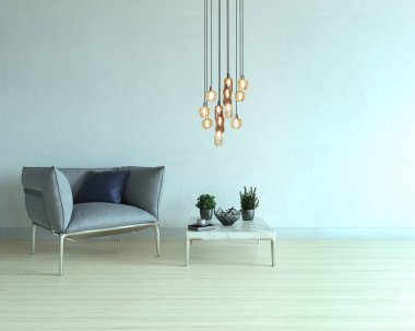 Boş oturma odası dekorasyonu modern lamba ve ahşap zemin, taş duvar konsepti. Ev, ofis, otel için dekoratif arka plan. 3B illüstrasyon