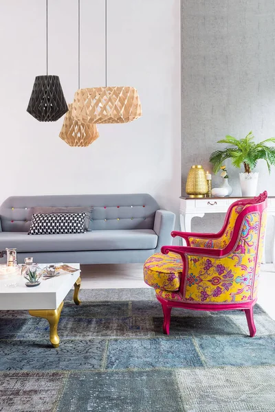 Modern Stone Wall Luxury Living Room Modern Lamp Interior Design — Stock Photo, Image