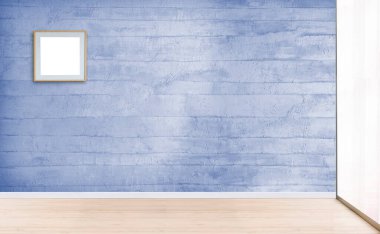 Boş oturma odası dekorasyonu modern lamba ve ahşap zemin, taş duvar konsepti. Ev, ofis, otel için dekoratif arka plan. 3B illüstrasyon