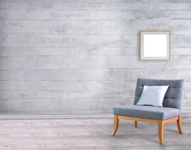 Boş oturma odası dekorasyonu modern lamba ve ahşap zemin, taş duvar konsepti. Ev, ofis, otel için dekoratif arka plan. 3B illüstrasyon