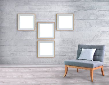 Boş oturma odası dekorasyonu modern lamba ve ahşap zemin, taş duvar konsepti. Ev, ofis, otel için dekoratif arka plan. 3B illüstrasyon