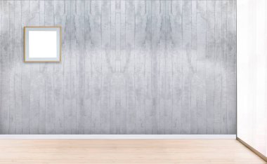 Boş oturma odası dekorasyonu modern lamba ve ahşap zemin, taş duvar konsepti. Ev, ofis, otel için dekoratif arka plan. 3B illüstrasyon