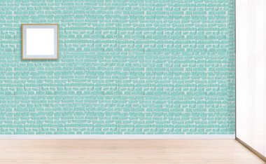 Boş oturma odası dekorasyonu modern lamba ve ahşap zemin, taş duvar konsepti. Ev, ofis, otel için dekoratif arka plan. 3B illüstrasyon