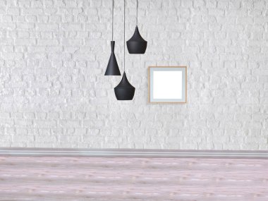 Taş duvar, ev, ofis, otel ve yatak odası için iç mimari, modern lamba. 3B illüstrasyon