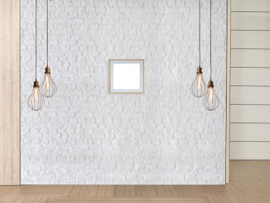 Taş duvar, ev, ofis, otel ve yatak odası için iç mimari, modern lamba. 3B illüstrasyon