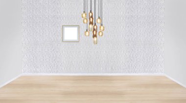 Boş oda dekorasyonu ahşap zemin, taş duvar konsepti. Ev, ofis ve otel için dekoratif arka plan. 3B illüstrasyon