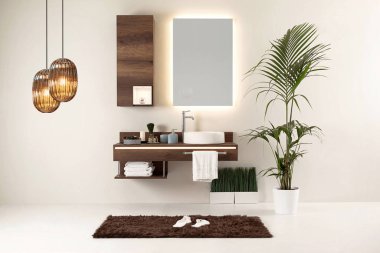 Ahşap dizayn banyo ve iç tasarım. Ev, ofis, otel için dekoratif eşyalar.