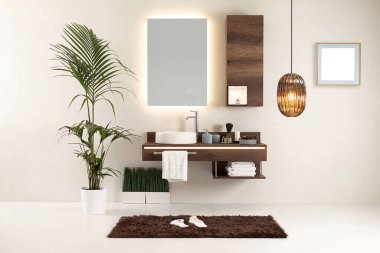 Ahşap dizayn banyo ve iç tasarım. Ev, ofis, otel için dekoratif eşyalar.