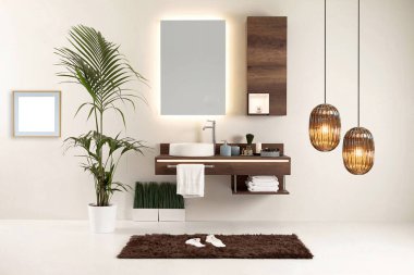 Ahşap dizayn banyo ve iç tasarım. Ev, ofis, otel için dekoratif eşyalar.