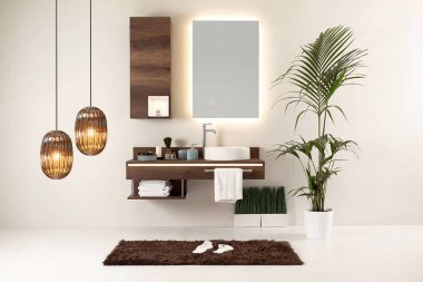 Ahşap dizayn banyo ve iç tasarım. Ev, ofis, otel için dekoratif eşyalar.