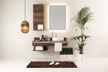 Ahşap dizayn banyo ve iç tasarım. Ev, ofis, otel için dekoratif eşyalar.