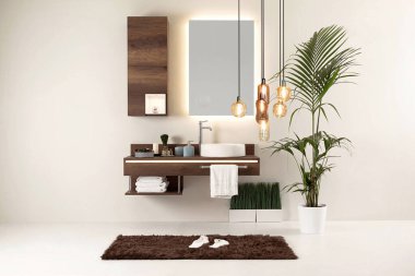 Ahşap dizayn banyo ve iç tasarım. Ev, ofis, otel için dekoratif eşyalar.