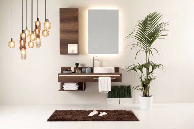 Temiz banyo stili, dekoratif tasarım, ahşap dolaplar.