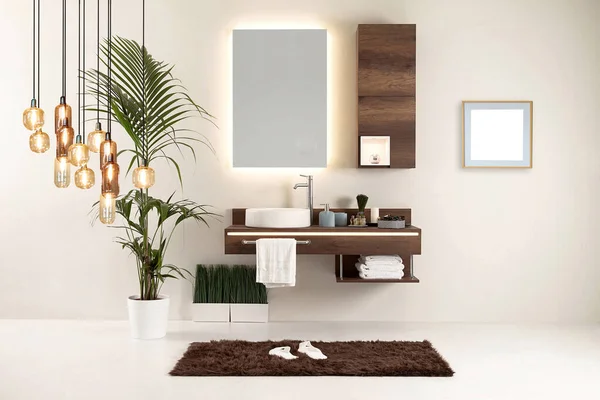清潔なバスルームスタイルとインテリアデザイン 木製キャビネット — ストック写真