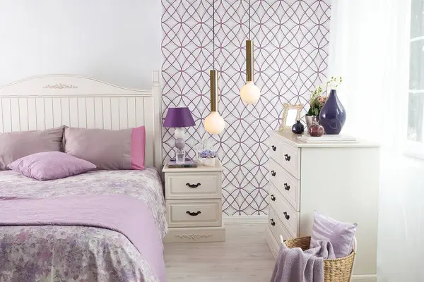 Moderno Concepto Diseño Interior Dormitorio Púrpura Lámpara Moderna — Foto de Stock