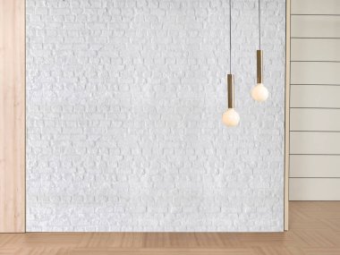 Parlak boş iç tasarım, dekoratif taş duvar. 3B illüstrasyon