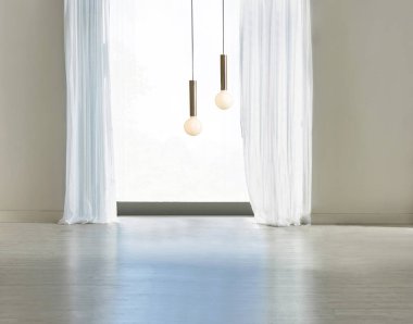 Boş oda ve iç tasarım, asılı lamba. 3B illüstrasyon