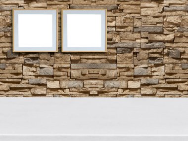 Parlak boş iç tasarım, dekoratif taş duvar. 3B illüstrasyon