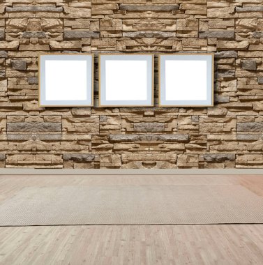 Parlak boş iç tasarım, taş duvar. 3B illüstrasyon