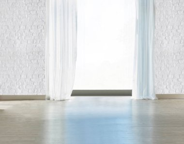 Parlak boş uzay iç tasarımı, taş duvar. 3B illüstrasyon