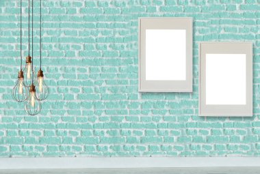 Parlak boş uzay iç tasarımı, taş duvar. 3B illüstrasyon