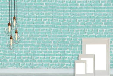 Parlak boş uzay iç tasarımı, taş duvar. 3B illüstrasyon