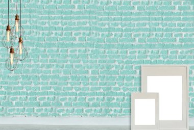 Parlak boş uzay iç tasarımı, taş duvar. 3B illüstrasyon