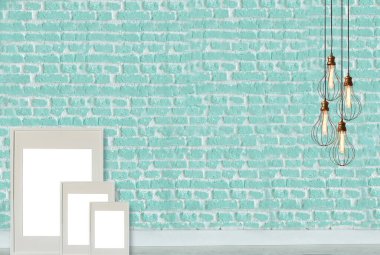 Parlak boş uzay iç tasarımı, taş duvar. 3B illüstrasyon