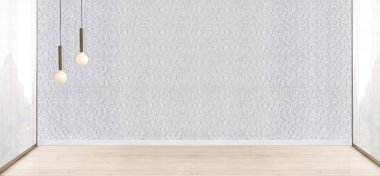 Boş oda dekorasyonu ahşap zemin, taş duvar konsepti. Ev, ofis ve otel için dekoratif arka plan. 3B illüstrasyon