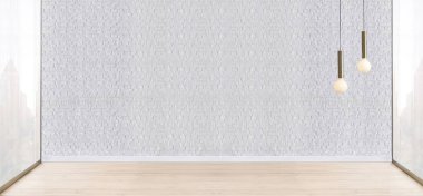 Boş oda dekorasyonu ahşap zemin, taş duvar konsepti. Ev, ofis ve otel için dekoratif arka plan. 3B illüstrasyon