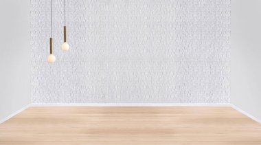 Boş oda dekorasyonu ahşap zemin, taş duvar konsepti. Ev, ofis ve otel için dekoratif arka plan. 3B illüstrasyon