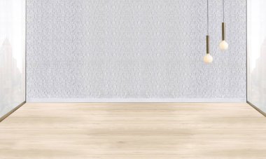 Boş oda dekorasyonu ahşap zemin, taş duvar konsepti. Ev, ofis ve otel için dekoratif arka plan. 3B illüstrasyon