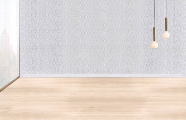 Ahşap zemini ve dekoratif taş duvarı olan boş bir iç tasarım. 3B illüstrasyon