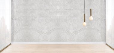 Ahşap zemini ve dekoratif taş duvarı olan boş bir iç tasarım. 3B illüstrasyon