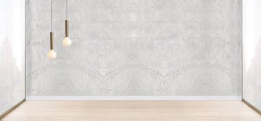 Ahşap zemini ve dekoratif taş duvarı olan boş bir iç tasarım. 3B illüstrasyon