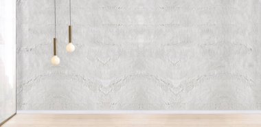 Ahşap zemini ve dekoratif taş duvarı olan boş bir iç tasarım. 3B illüstrasyon