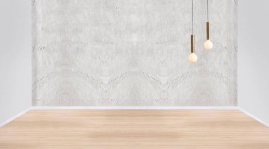 Ahşap zemini ve dekoratif taş duvarı olan boş bir iç tasarım. 3B illüstrasyon