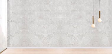 Ahşap zemini ve dekoratif taş duvarı olan boş bir iç tasarım. 3B illüstrasyon