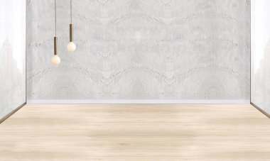 Ahşap zemini ve dekoratif taş duvarı olan boş bir iç tasarım. 3B illüstrasyon