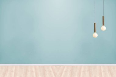 Ahşap zemini ve dekoratif taş duvarı olan boş bir iç tasarım. 3B illüstrasyon