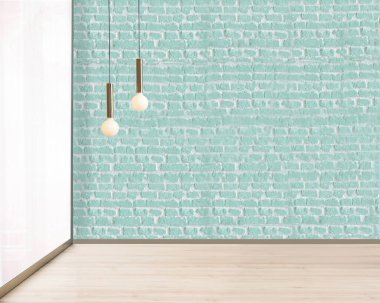 Boş oturma odası dekorasyonu modern lamba ve ahşap zemin, taş duvar konsepti. Ev, ofis, otel için dekoratif arka plan. 3B illüstrasyon