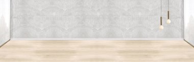 Boş oturma odası dekorasyonu modern lamba ve ahşap zemin, taş duvar konsepti. Ev, ofis, otel için dekoratif arka plan. 3B illüstrasyon