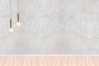 Boş oturma odası dekorasyonu modern lamba ve ahşap zemin, taş duvar konsepti. Ev, ofis, otel için dekoratif arka plan. 3B illüstrasyon