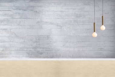 Boş oturma odası dekorasyonu modern lamba ve ahşap zemin, taş duvar konsepti. Ev, ofis, otel için dekoratif arka plan. 3B illüstrasyon